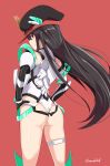  1girl angela_balzac angela_balzac_(cosplay) ass black_hair cosplay demon_archer fate/grand_order fate_(series) hands_on_hips hat kichihachi koha-ace kugimiya_rie leotard long_hair looking_at_viewer looking_back rakuen_tsuihou red_eyes seiyuu_connection signature smile twitter_username 