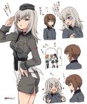  5girls alternate_costume apron bangs black_hair blush brown_hair closed_mouth garrison_cap girls_und_panzer grey_hat grey_jacket grey_skirt hand_on_hip hat heart holster isuzu_hana itsumi_erika kuromorimine_school_uniform long_hair long_sleeves looking_at_another looking_back military military_hat military_uniform multiple_girls nishizumi_maho nishizumi_miho ooarai_school_uniform open_mouth partially_translated pencil_skirt r-king salute short_hair shoulder_belt siblings side_slit silver_hair simple_background sisters skirt smile standing surprised sweatdrop takebe_saori translation_request twitter_username uniform waist_apron waitress wavy_mouth white_background 