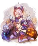  1girl animal bare_shoulders blush cosplay detached_collar elbow_gloves fate/grand_order fate_(series) fou_(fate/grand_order) full_body fur fur_trim gloves hair_over_one_eye haku_(sabosoda) jack-o&#039;-lantern kneeling lavender_eyes navel on_head paws pumpkin shielder_(fate/grand_order) sleeping thigh-highs violet_eyes 