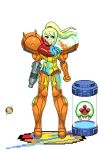  1girl alien arm_cannon armor arms_at_sides blonde_hair blue_eyes bodysuit closed_mouth full_body logo long_hair looking_to_the_side mark_(mark_apilado_5) materializing metroid metroid_(creature) pixel_art ponytail power_armor power_suit serious shoulder_pads simple_background standing varia_suit weapon white_background zero_suit 