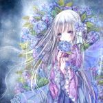  1girl bangs blue_eyes blue_nails bow butterfly_wings commentary_request flower frilled_sleeves frills hair_bow hair_flower hair_ornament heterochromia himemurasaki holding holding_flower hydrangea japanese_clothes long_hair looking_at_viewer nail_polish original smelling_flower solo very_long_hair violet_eyes white_hair wide_sleeves wings 