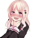  1girl artist_request bangs black_shirt blonde_hair blush crying crying_with_eyes_open diabolik_lovers drooling eyebrows_visible_through_hair flower hair_flower hair_ornament hands_on_another&#039;s_neck hands_up komori_yui long_hair long_sleeves looking_at_viewer nose_blush open_mouth saliva saliva_trail school_uniform shirt simple_background smile solo strangling tears teeth upper_body violet_eyes white_background 