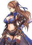  1girl beatrix_(granblue_fantasy) belt blush breasts brown_eyes brown_hair cleavage gloves granblue_fantasy hair_ornament hair_ribbon hand_on_hip large_breasts long_hair looking_at_viewer navel nikke ponytail ribbon scabbard sheath short_shorts shorts simple_background sketch smile solo thigh-highs white_background 