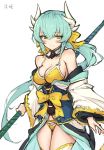  1girl bangs bikini character_name closed_mouth cowboy_shot detached_sleeves eyebrows_visible_through_hair fate/grand_order fate_(series) green_hair hair_between_eyes haoni holding holding_weapon horns japanese_clothes kiyohime_(fate/grand_order) long_hair looking_at_viewer obi polearm ponytail sash simple_background smile solo swimsuit weapon white_background yellow_bikini yellow_eyes 