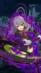  1girl :d black_dress black_legwear bow bowtie brown_eyes building dress floating_hair gloves hair_bow highres hiiragi_shinoa holding holding_weapon long_hair looking_at_viewer magic military military_uniform necktie night open_mouth outdoors owari_no_seraph purple_bow purple_hair red_bow red_bowtie red_necktie ruins scythe short_dress short_necktie smile solo standing thigh-highs uniform weapon white_gloves zettai_ryouiki 