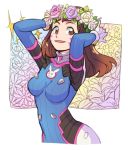  1girl animal_print arm_up bangs blue_bodysuit blunt_bangs bodysuit boots bracer breasts breasts_apart brown_eyes brown_hair bunny_print commentary_request d.va_(overwatch) facepaint facial_mark floral_background flower gloves hair_flower hair_ornament head_wreath headphones jocheong long_hair looking_at_viewer medium_breasts open_mouth overwatch pauldrons pilot_suit ribbed_bodysuit shoulder_pads skin_tight smile solo sparkle standing thigh-highs thigh_boots turtleneck upper_body whisker_markings white_background white_boots white_gloves 
