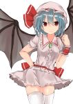  1girl bangs bat_wings blue_hair bow closed_mouth cowboy_shot eyebrows_visible_through_hair frills golgi_hon hair_between_eyes hat hat_bow highres jewelry looking_at_viewer mob_cap pendant pink_hat pink_skirt red_bow red_eyes remilia_scarlet short_hair short_sleeves simple_background skirt skirt_set smile solo thigh-highs touhou white_background white_legwear wings wristband zettai_ryouiki 