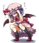  1girl absurdres amagi_(amagi626) arms_up ascot bangs bat_wings black_legwear bloomers blue_hair blush bow eyebrows_visible_through_hair flying_sweatdrops full_body hair_between_eyes hat hat_bow highres kneehighs looking_at_viewer mob_cap one_eye_closed open_mouth pink_hat red_bow red_eyes red_shoes remilia_scarlet shoes short_hair short_sleeves simple_background solo squatting sweat tears touhou underwear uu~ white_background wings 