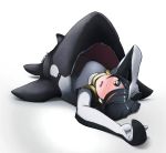  1girl black_hair blush brown_eyes commentary dated emperor_penguin_(kemono_friends) frankseven hair_over_one_eye kemono_friends leotard long_hair looking_at_viewer lying on_back open_mouth orca revision simple_background sleeping_bag solo white_background white_leotard 