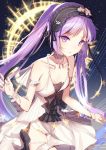  1girl arm_at_side bare_shoulders bison_cangshu blue_background breasts collarbone dress euryale fate/grand_order fate/hollow_ataraxia fate_(series) hair_between_eyes hairband headdress lolita_hairband long_hair parted_lips purple_hair short_dress sketch small_breasts star starry_background thighs twintails very_long_hair violet_eyes white_dress 