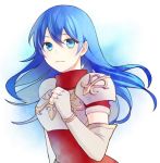  1girl armor blue_eyes blue_hair breastplate caeda_(fire_emblem) cute female_focus fingerless_gloves fire_emblem fire_emblem:_mystery_of_the_emblem fire_emblem:_shin_ankoku_ryuu_to_hikari_no_tsurugi gloves intelligent_systems kiyuu long_hair looking_at_viewer moe nintendo sheeda simple_background solo 