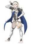  1girl armor barefoot cape female_my_unit_(fire_emblem_if) fire_emblem fire_emblem_if gloves highres holding holding_sword holding_weapon looking_at_viewer my_unit_(fire_emblem_if) pointy_ears red_eyes simple_background smile solo sword weapon white_background white_hair 