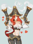  1girl antique_firearm blue_background breasts cleavage dual_wielding firearm firelock flintlock green_eyes groin gun hair_over_one_eye hat heart highres large_breasts league_of_legends looking_at_viewer midriff navel parted_lips pirate_hat redhead sarah_fortune simple_background solo splashbrush thighs weapon 