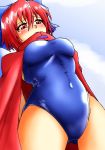  arms_behind_back ass_visible_through_thighs blush bow cape covered_mouth d-m_(dii_emu) hair_bow highres one-piece_swimsuit red_cape red_eyes redhead sekibanki short_hair swimsuit touhou 