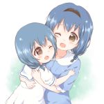  2girls :d age_difference araki495 blue_hair braid brown_eyes casual collarbone furutani_himawari furutani_kaede hairband height_difference hug multiple_girls one_eye_closed open_mouth siblings sisters smile yuru_yuri 