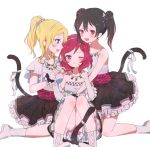  &gt;:d 299_(horisso) 3girls :d animal_print ayase_eli bangs between_legs bibi_(love_live!) black_hair blonde_hair blue_eyes blush boots bow cat_tail elbow_gloves fingerless_gloves frilled_gloves frills girl_sandwich gloves jewelry kneeling knees_together_feet_apart leopard_print love_live! love_live!_school_idol_project multiple_girls necklace nishikino_maki one_eye_closed open_mouth petticoat red_eyes redhead sandwiched sash short_sleeves simple_background sitting skirt sleeveless smile strapless tail tail_between_legs tail_bow twintails violet_eyes white_background yazawa_nico 