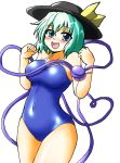  1girl bare_shoulders blue_eyes blue_swimsuit blush breasts competition_school_swimsuit covered_navel d-m_(dii_emu) eyeball green_hair hat hat_ribbon heart heart_of_string highres komeiji_koishi looking_at_viewer medium_breasts open_mouth ribbon short_hair smile solo standing swimsuit third_eye touhou 