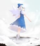  1girl blue_eyes blue_hair cirno dress expressionless hair_bow puffy_sleeves shin_(new) shoes short_hair solo touhou wings 