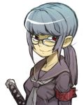  glasses grey_hair katana ponytail red_eyes saitou_yahu school_uniform smile smirk sword weapon 