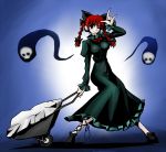  \m/ braid cat_ears dress frills kaenbyou_rin kieyza kiezya red_hair skull touhou twin_braids wheelbarrow wink 