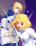  arcueid_brunestud blonde_hair crazy_clover_club excalibur fate/stay_night fate_(series) green_eyes red_eyes saber shirotsumekusa sword tsukihime weapon 