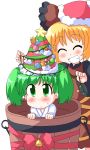  bell blonde_hair blush bucket christmas christmas_lights closed_eyes geetsu girl_in_bucket green_eyes green_hair hat in_bucket in_container kisume kurodani_yamame multiple_girls ribbon santa_hat smile touhou twintails 