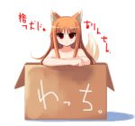  1girl animal_ears box for_adoption holo in_box in_container nude red_eyes shin_(new) spice_and_wolf tail translated translation_request wolf_ears 