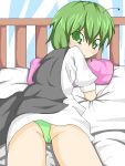  bad_id bed blush cape from_behind green_eyes green_hair green_panties lying moro moro_(pixiv240984) panties pillow touhou underwear wriggle_nightbug 