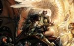  angel armor ass black_hair boots demon horns white_eyes white_hair wings 