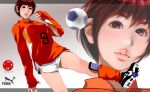  ball brown_eyes brown_hair character_request kick kicking kotobuki(artist) kotobuki_shiro playing_sports soccer soccer_ball sport telstar 