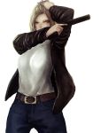  aya_brea bad_id belt blonde_hair blue_eyes green_eyes gun handgun jacket jeans long_hair parasite_eve pistol weapon white_shirt 