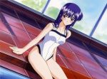  blue_hair blush dutch_angle long_hair one-piece one-piece_swimsuit pool poolside swimsuit 