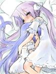  blue_hair blush closed_eyes frills hair_ribbon hiiragi_kagami hug izumi_konata kogaku_kazuya lingerie long_hair lucky_star multiple_girls nightgown purple_hair ribbon sketch sleeping twintails 