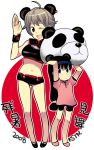 child midriff navel panda panda_ears saitou_yahu short_hair shorts tail wave waving wink 