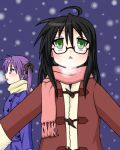  black_hair coat glasses green_eyes hiiragi_kagami izumi_konata kurokona lowres lucky_star nenige_wars scarf snow 