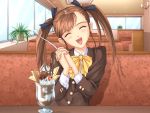  640x480 brown_hair dessert food game_cg hair_ribbon hair_ribbons happy morikawa_minami partner pocky pov_dating restaurant ribbon ribbons spoon taka_tony twintails 