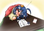  blue_hair blush food fruit izumi_konata kotatsu long_hair lucky_star orange oranges sleeping table translated translation_request 