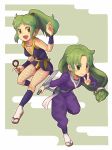  breasts cleavage fishnets ganbare_goemon green_eyes green_hair japanese_clothes kunai long_hair nigoro ninja ponytail sword weapon yae 