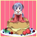  cake food fruit hanyuu higurashi_no_naku_koro_ni horns in_food japanese_clothes long_hair lowres miko minigirl oekaki pastry purple_eyes purple_hair strawberries strawberry violet_eyes 
