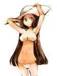  arms_up bikini breasts brown_hair face hat large_breasts long_hair original saitou_yahu side-tie_bikini smile swimsuit 