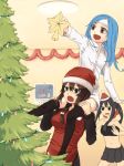  blue_hair brown_hair christmas_tree itsutsu original santa_costume shoulder_carry thigh-highs zettai_ryouiki 