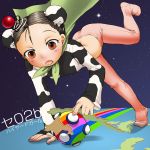  1girl blush brown_eyes brown_hair cape child continents cow_print double_bun earth equal_(melomelopunch) ikooru katamari katamari_damacy pantyhose rainbow short_hair solo space 