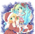  2girls bad_id blonde_hair blush christmas detached_sleeves eyebrows_visible_through_hair gift green_eyes hair_flower hair_ornament hair_ribbon hairclip hatsune_miku holding holding_gift jinnoki_yatsumi kagamine_rin long_hair open_mouth pantyhose red_flower ribbon santa_costume twintails upper_teeth very_long_hair vocaloid waku_(pixiv10439) 