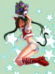  ass babycat christmas closed_eyes crop_top error fang francesca_lucchini gift holding holding_gift legs midriff mittens no_pants panties santa_costume side-tie_panties socks strike_witches striped striped_panties tail translated twintails underwear 