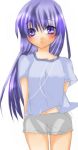  arms_behind blue_hair furude_rika higurashi_no_naku_koro_ni long_hair purple_eyes shirt short_shorts shorts simple_background standing violet_eyes 