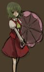  green_hair kazami_yuuka monmon parasol red_eyes short_hair simple_background skirt skirt_set smile standing touhou umbrella vest 