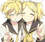  1boy 1girl blonde_hair brother_and_sister happy kagamine_len kagamine_rin maruki_(punchiki) short_hair siblings smile twins v vocaloid 