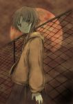  bad_id braid brown_hair chainlink_fence fence full_moon hair_ornament hairclip hoodie iwakura_lain moai_(aoh) moai_(pixiv196778) moon red_eyes red_moon serial_experiments_lain short_hair skirt 