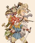  ayla blonde_hair bow_(weapon) cape chrono_trigger club crono crossbow glasses gun headband helmet kaeru_(chrono_trigger) long_hair lucca_ashtear mappy mappy_(manhole_opener) marle multiple_girls ponytail purple_hair red_hair redhead robo shield short_hair sword weapon 