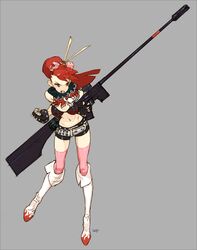  belt bikini_top boots clenched_hand fist gun hotpants midriff pink_legwear pink_thighhighs ponytail red_hair redhead rifle scarf shorts sniper_rifle tengen_toppa_gurren_lagann thigh-highs thighhighs waterpie weapon yoko_littner yoko_ritona 